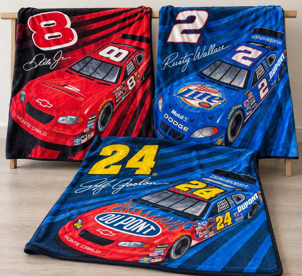 NASCAR Racing Fleece Throw Blanket Lot 3 Dale Jr Rusty Wallace Jeff Gordon